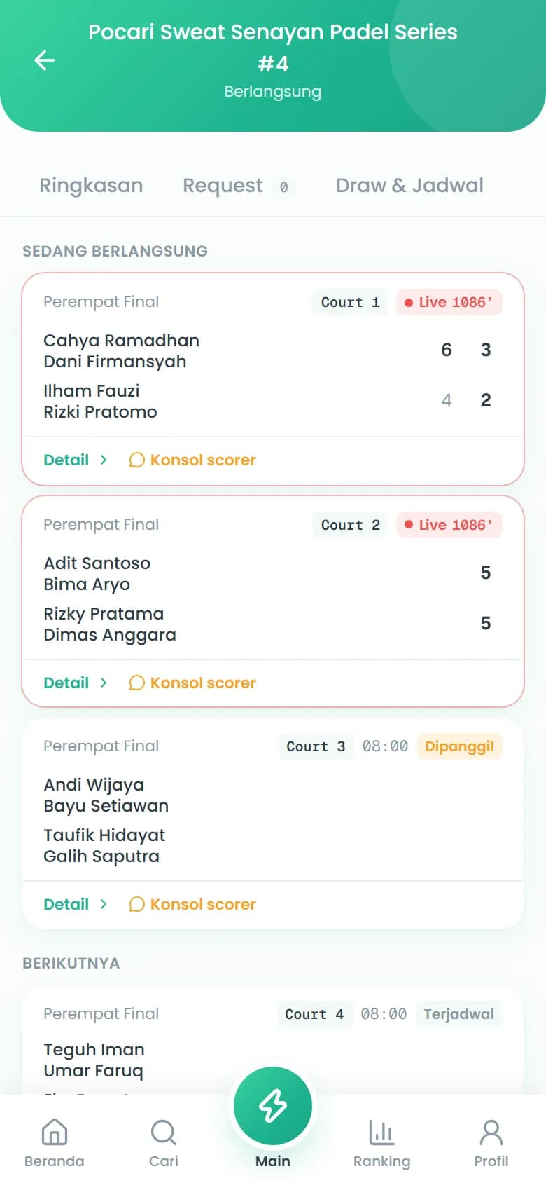 Pusat kendali turnamen di HP organizer: match sedang berlangsung per court, antrean berikutnya