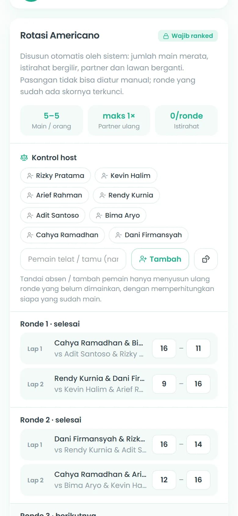 Kontrol host: tandai pemain telat, tambah tamu, input skor per lapangan