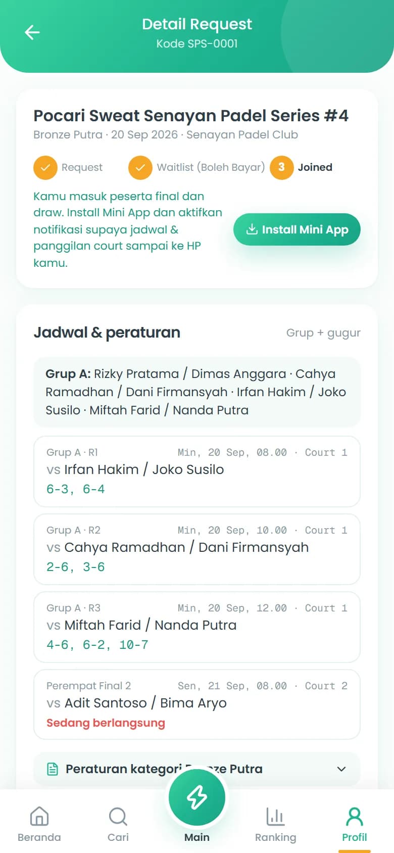 Detail request peserta: status Joined, jadwal grup, tombol unduh PDF jadwal & peraturan
