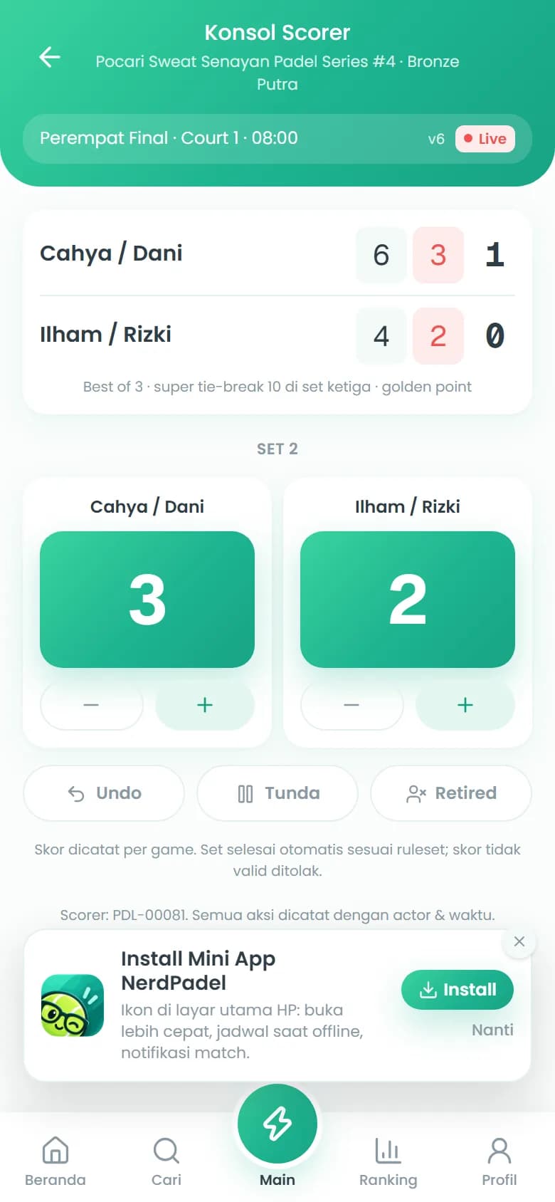 Konsol scorer: input skor per set dan konfirmasi kedua tim