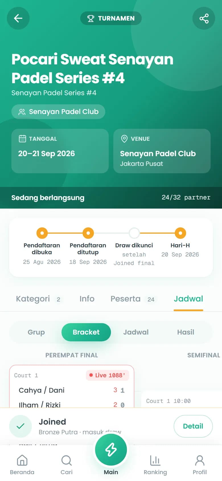 Bracket knockout turnamen dengan skor live