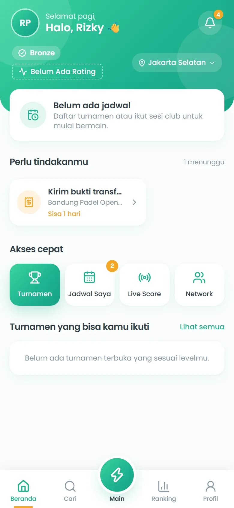 Beranda NerdPadel: pertandingan berikutnya, tindakan tertunda, dan akses cepat ke turnamen, jadwal, live score