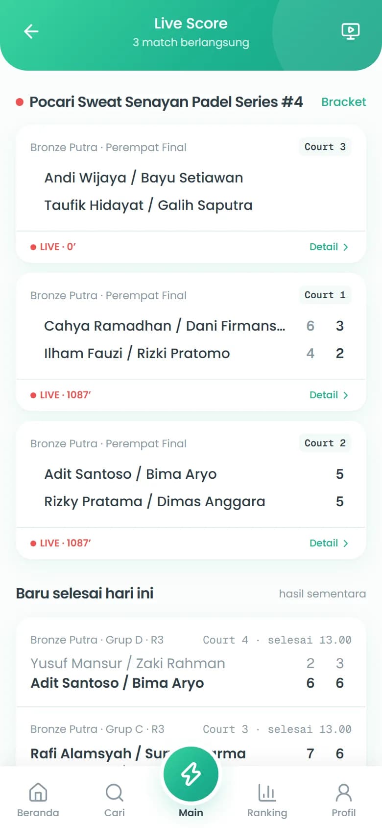 Live score: daftar match yang sedang berlangsung dengan skor per set