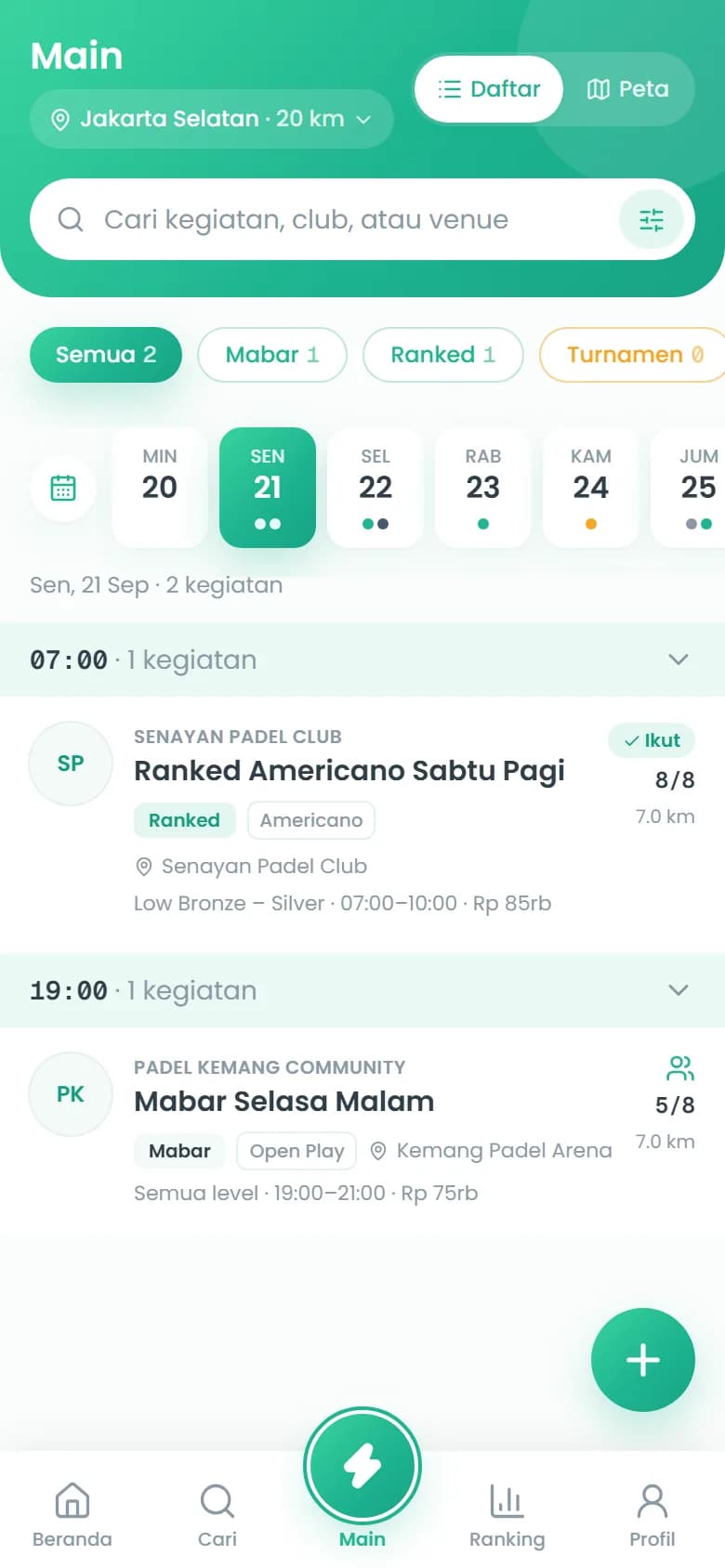 Halaman Main: cari mabar, ranked, dan turnamen per tanggal di sekitar lokasi