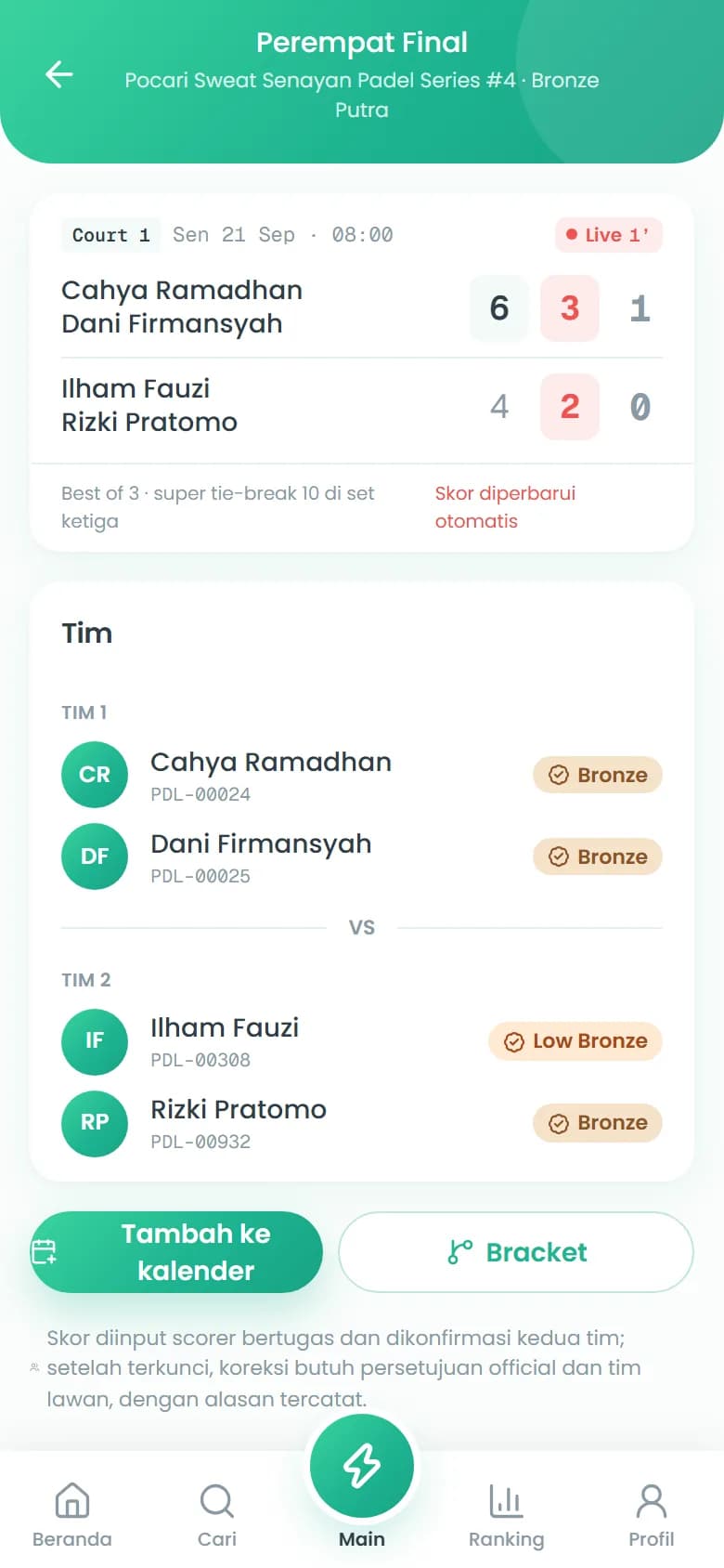 Detail match perempat final dengan skor set, court, dan tim