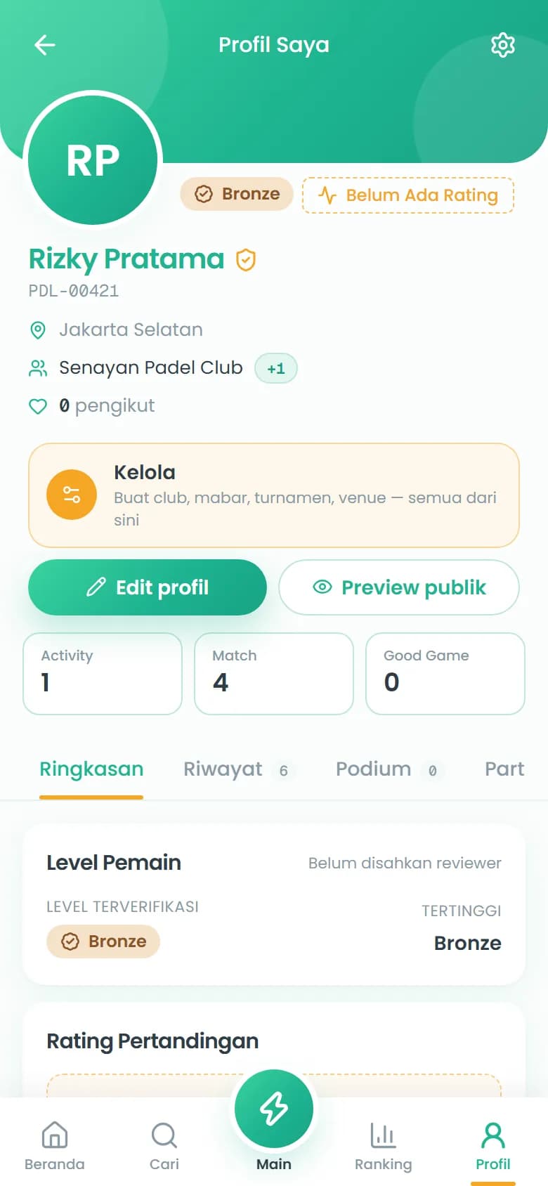 Profil pemain: level terverifikasi, rating, statistik, riwayat, podium