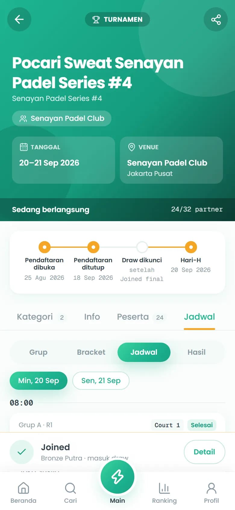 Halaman turnamen NerdPadel dengan jadwal court dan status match berjalan